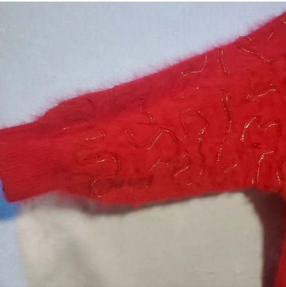 Vintage Gee Gee 80s LG Red Angora Lavish Sweater Pullover Ribbon Beaded W19 - Picture 8 of 15